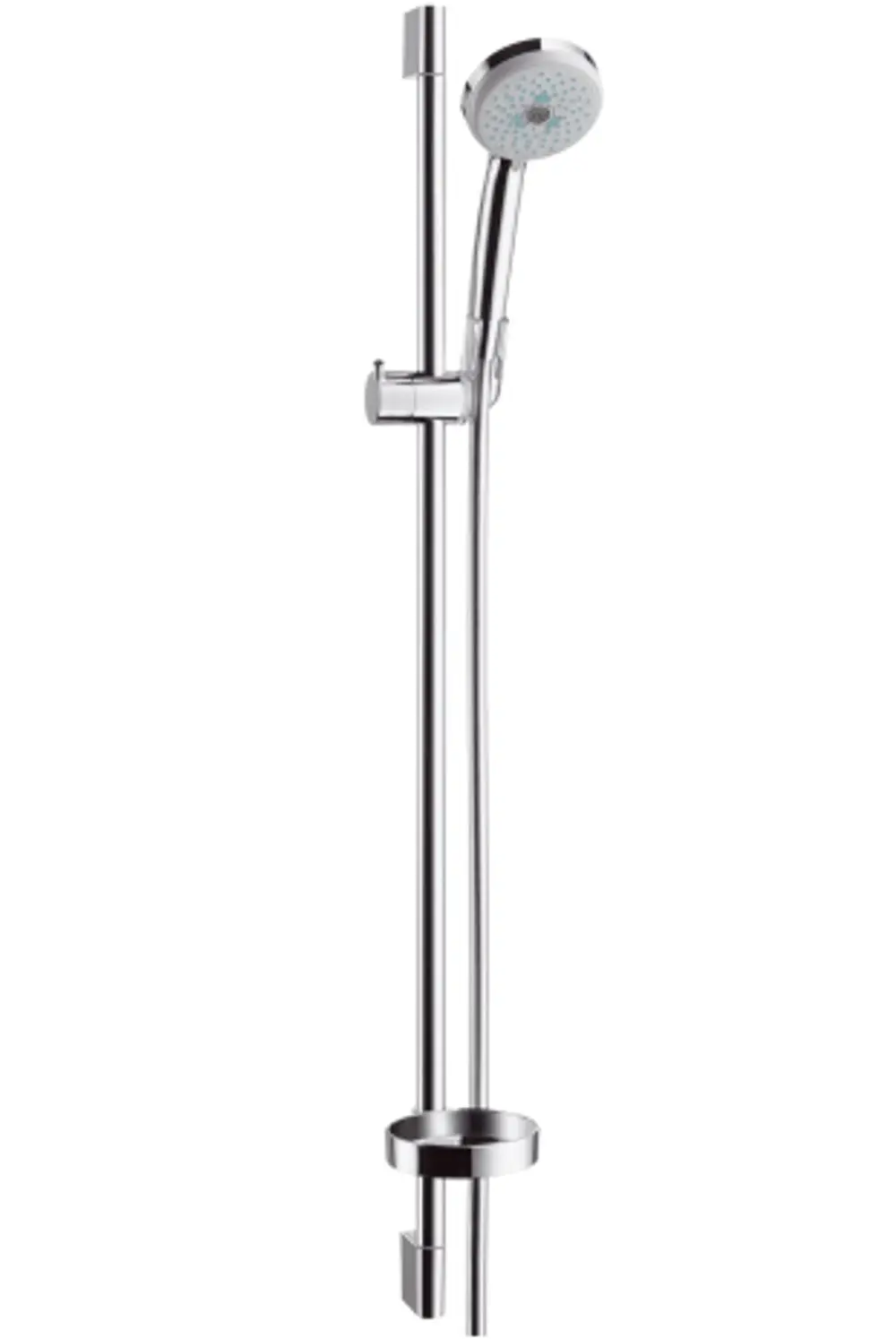 Chromfarbene Duschstange mit Handbrause und integrierter Seifenschale, geeignet für die Wandmontage. Produkt von Hansgrohe.